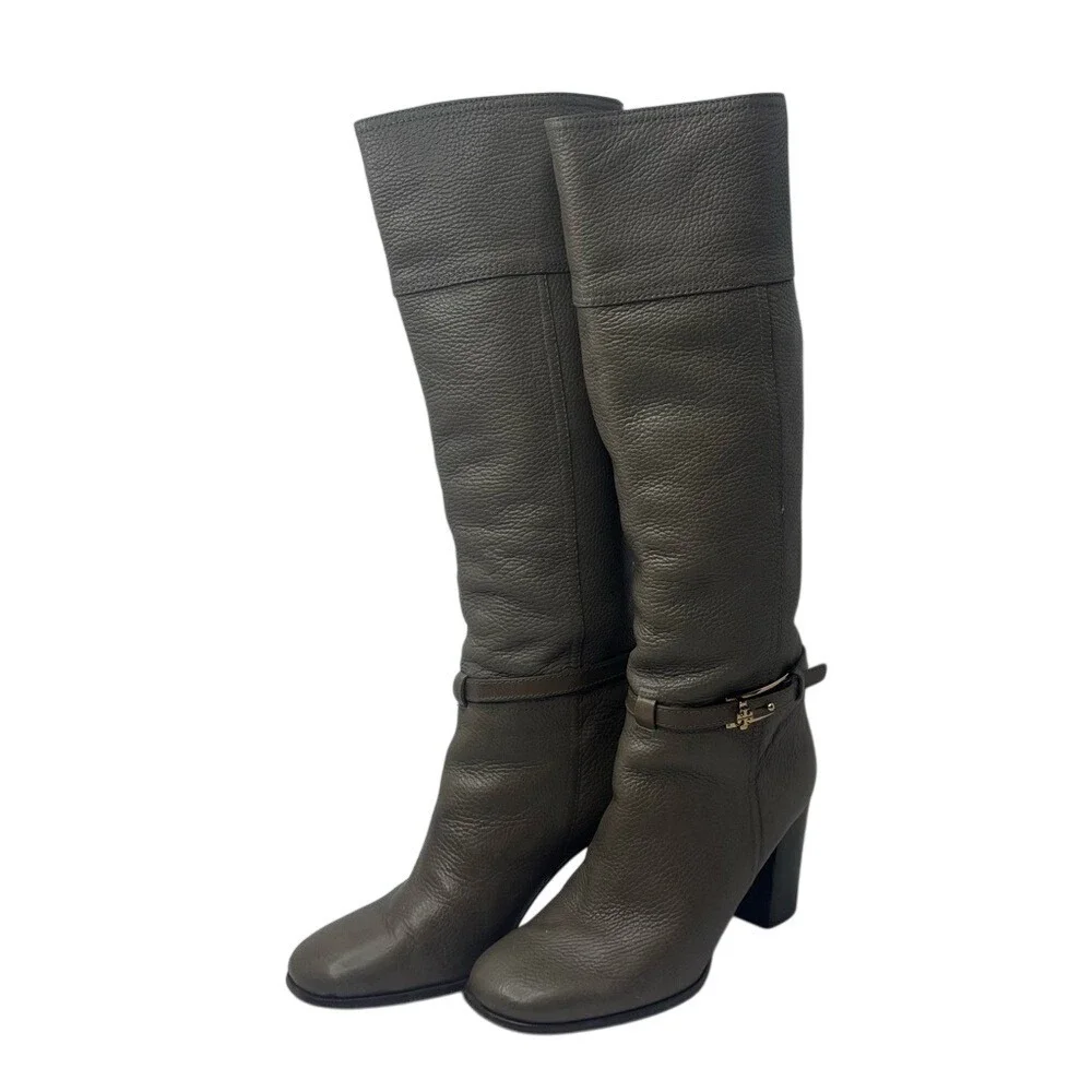 Pre-Loved Taupe Leather Riding Boots Block Heel Back Zip Tall Heritage Style 8.5